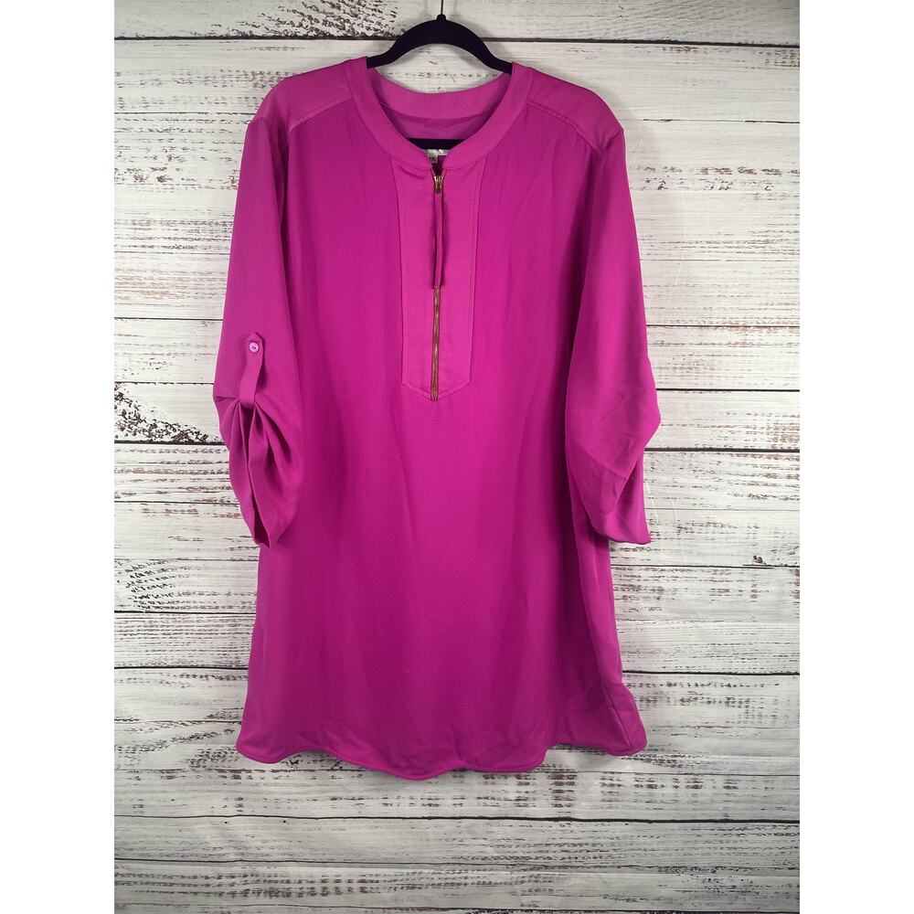 Trina Turk Dress Women's 2XL Pink Zip Front Shift 3/4 Roll Tab Sleeve Lined